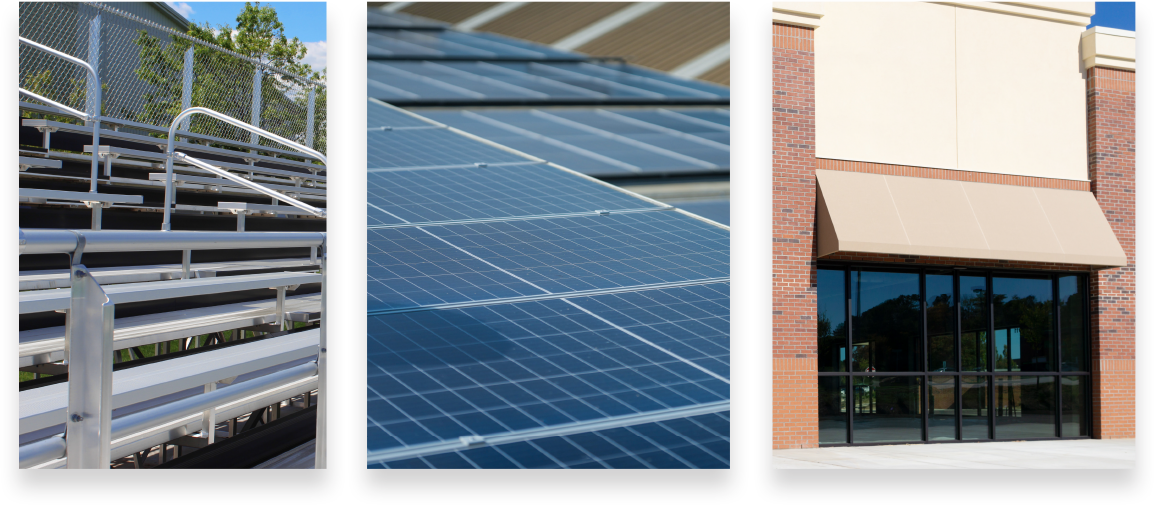 three photos featuring stadium railings, solar panels, and a building facade