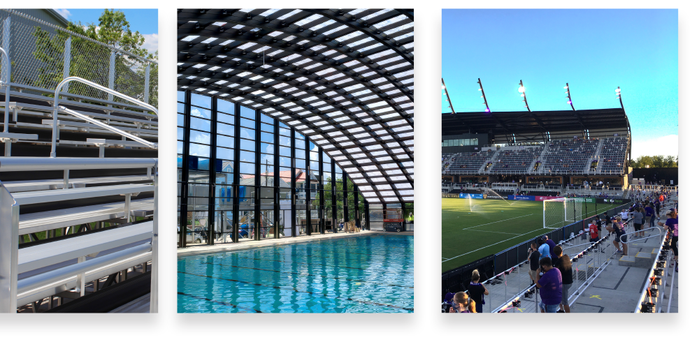 Stadium railing, natatorium, and stadium from distance images