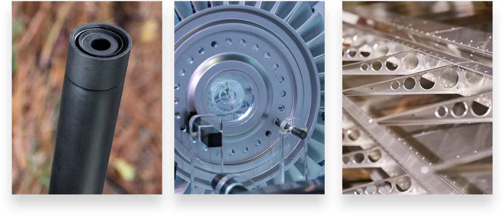 group of photos - closeup of black metal pipe, a large metal gear, and drying aerospace parts